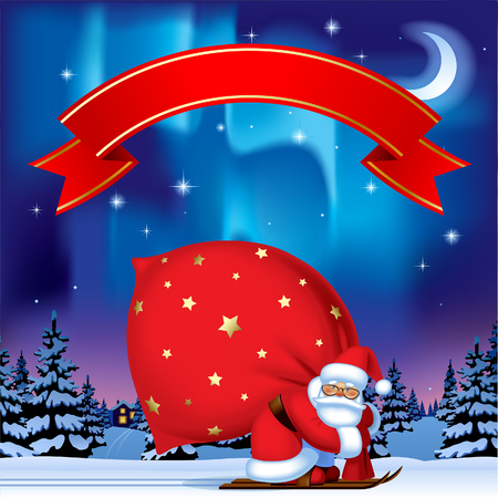 Santa Claus by ski carrying a big red sack and Red Ribbon against the night winter spruce forest under starry sky with northern lights. Christmas and New 
Year greeting card. Vector Illustrationのイラスト素材