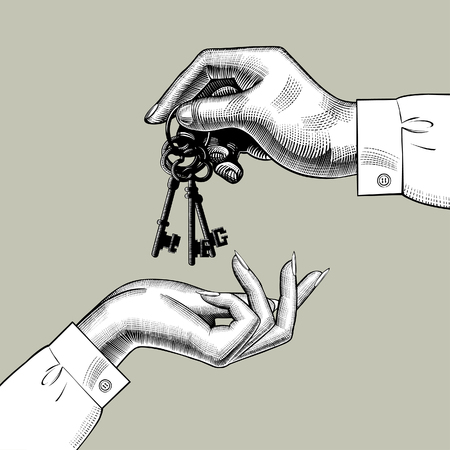 A man's hand gives the keys to a woman's hand. Vintage engraving stylized drawing. Vector illustrationのイラスト素材