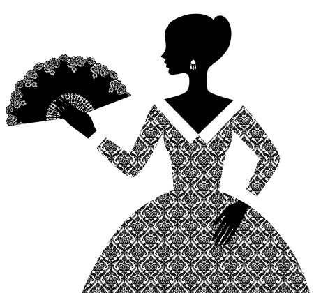 Black silhouette of woman in retro ornamental dress with open fan isolated on white. Vector illustrationのイラスト素材