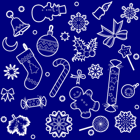 White linear images set of Christmas and New Year decorations and snowflakes on blue background. Vector illustrationのイラスト素材