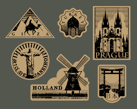 Vintage paper landmarks travel labels. Stickers of travel: Prague, Holland, Giza, Turkey, Rio de Janeiro, Japan. Vector illustrationのイラスト素材