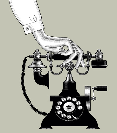 Woman's hand with retro black phone. Vintage engraving stylized drawing. Vector illustrationのイラスト素材