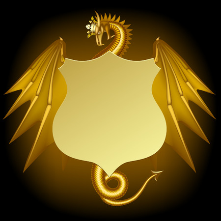 Gold dragon in crown with a vintage sign on black. Fantasy banner, poster and cover. Vector illustrationのイラスト素材