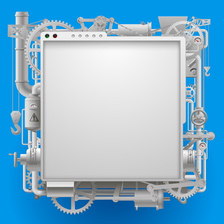 White complex machinery signboard and frame on blue. Steampunk style template design, poster and techno symbol. Vector illustrationのイラスト素材