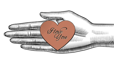 Woman's hand holding on the palm a red paper heart with I love You lettering. Retro style valentine greeting card design. Vintage engraving stylized drawing. 
Vector illustrationのイラスト素材