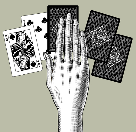 Woman's hand laying out playing cards fan. Vintage engraving stylized drawing. Vector illustrationのイラスト素材