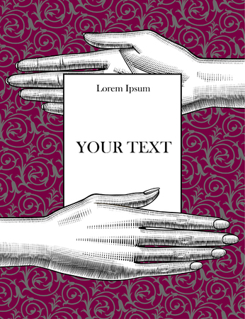 Cover and banner with two women's hands palm down hand palm up holding a paper sheet on the decorative background. Vintage engraving stylized drawing. Vector 
illustrationのイラスト素材