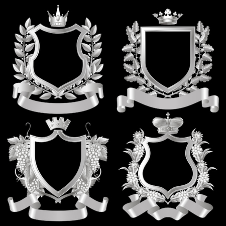 Set of white vintage design elements isolated on black. Silver heraldic symbols with frames. Vector illustrationのイラスト素材