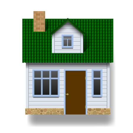 White realistic house with green roof in front view. Vector illustrationのイラスト素材