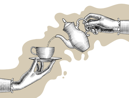 Woman's hands with a coffee pot and cup. Vintage stylized drawing. Vector illustrationのイラスト素材