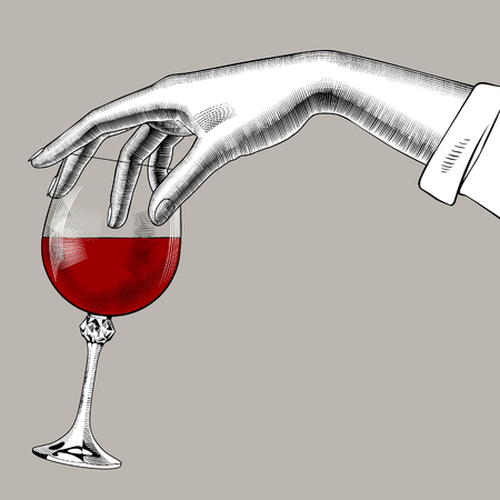 Woman's hand holding a glass with red wine. Vintage engraving stylized drawing. Vector illustrationのイラスト素材