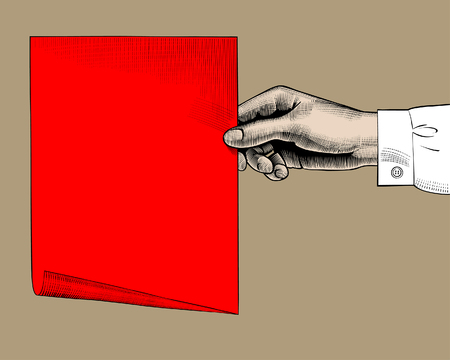 Vintage color drawing of woman's hand with a red paper sheet. Retro concept poster discount sale. Sale banner. Vector illustrationのイラスト素材