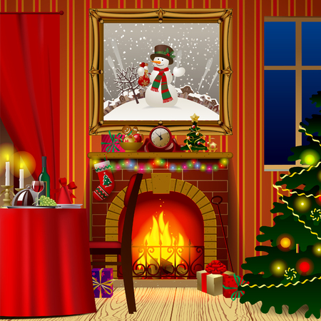 Holiday interior with fireplace, gifts and decorated christmas tree. Xmas and New Year greeting card. Vector illustrationのイラスト素材