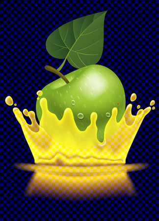 Green apple and transparent splash crown of juice. Vector illustrationのイラスト素材