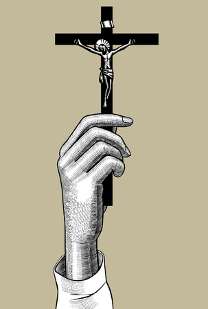 Woman's hands holding a cross with a crucifix. Vintage engraving stylized drawing. Vector illustrationのイラスト素材