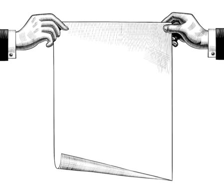 Concept Business plan. Vintage drawing of two hands with a paper sheet. Retro concept poster and banner. Vintage engraving stylized drawing. Vector illustrationのイラスト素材
