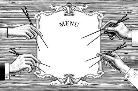 Menu of japan restaurant. Cuisine with seafood. Male and female hands with chopsticks. Asian cuisine. Vintage engraving stylized drawing. Vector illustrationのイラスト素材