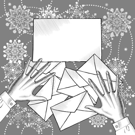 Christmas greetings letters. Vintage engraving stylized drawing. Vector illustration.のイラスト素材