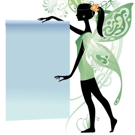Black slim silhouette of a young fairy girl in green dress with transparent butterfly wings holding a blue sheet banner against the decorative floral and plant isolated on white. Vector illustrationのイラスト素材