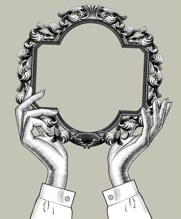 Female hands holding a baroque decorative frameのイラスト素材