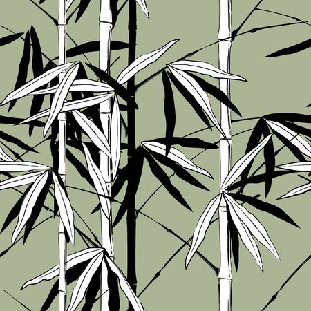 Seamless pattern background with bamboo stems with leaves in black and white. Vintage engraving and hand drawn stylized drawing. Vector illustrationのイラスト素材
