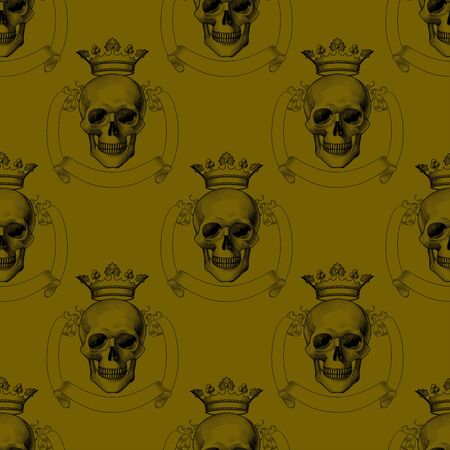 Engraving human death skull in crown. Seamless pattern.のイラスト素材