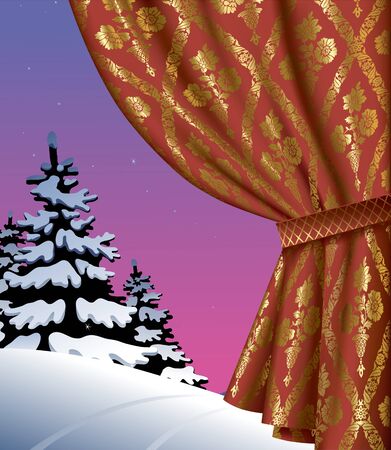 Christmas and New Year curtain over the night winter landscape with a spruce forest in snow under starry sky. Square theater and Christmas background. Artistic poster. Vector illustrationのイラスト素材