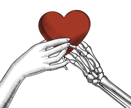 The skeletons hand gives a a red heart to the female hand. Theme of love and death. Vintage engraving stylized drawing. Vector illustrationのイラスト素材