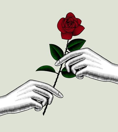 Hand with a red rose. Retro style valentine greeting card design. Vintage engraving stylized drawing. Vector illustrationのイラスト素材