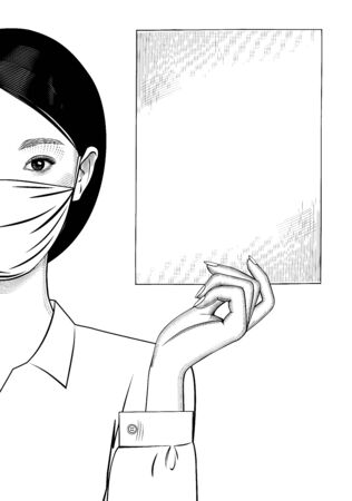 Asian girl with surgical mask on the face and holds paper sheet in her hand. Vintage engraving stylized drawing. Vector illustrationのイラスト素材