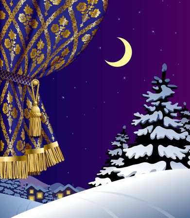 Christmas and New Year curtain over the night winter landscape with a spruce forest in snow under starry sky. Square theater and Christmas background. Artistic poster. Vector illustrationのイラスト素材