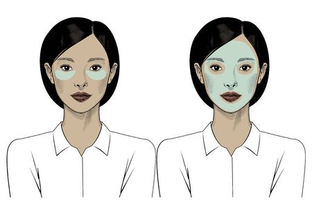 Beautiful Asian woman with eye Patches instruction smoothing deep wrinkles. Beautiful woman portrait. Beauty Treatments. Vintage prints stylized drawing. Vector illustrationのイラスト素材