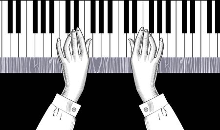 Woman playing piano. Top view with black isolate background. Vintage engraving stylized drawing. Vector illustration.のイラスト素材