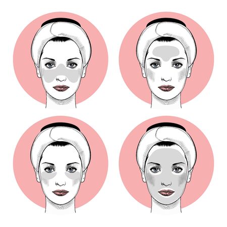 Beautiful woman with Patches instruction smoothing deep wrinkles. Beautiful woman portrait. Beauty Treatments. Vintage prints stylized drawing. Vector illustrationのイラスト素材