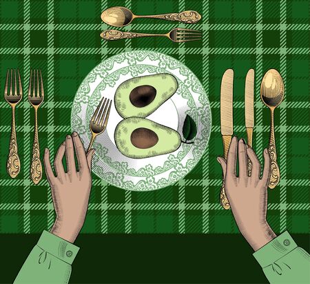 Two halves of fresh avocado on a plate. Female hands with a knife and fork at the served table. Woman has lunch in a restaurant. Vintage engraving stylized as drawing. Vector illustrationのイラスト素材