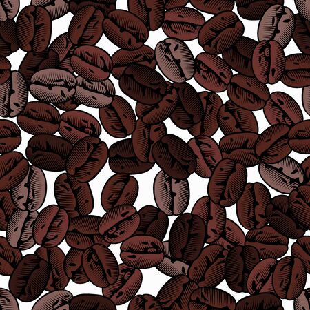 Roasted coffee beans background. Coffee decorative seamless pattern. Great for fabric, textiles. Antique color engraving of a stylized drawing. Vector illustration.のイラスト素材