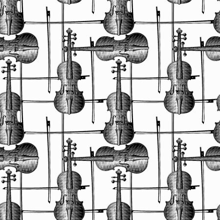 Violin. Musical instruments on a white background. Seamless pattern. Vintage engraving stylized drawing. Vector illustration.のイラスト素材