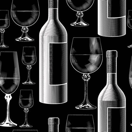 Wine glasses seamless background. Red and white wine. Vintage engraving black and white stylized drawing. Vector illustration.のイラスト素材