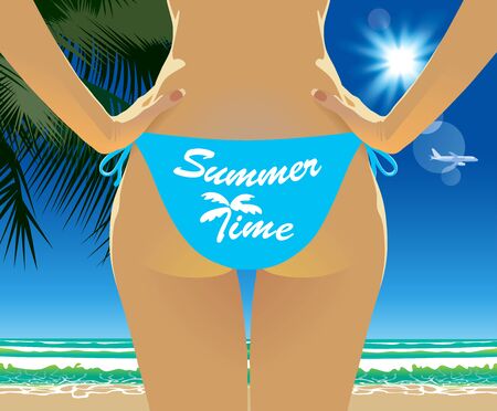 Summer vacation at the sea. Young woman relaxing on the beach. Vector image.のイラスト素材