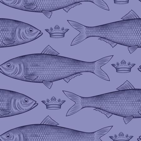 Herring in the crown. Seamless pattern with fish on a blue background. The old engraving is stylized as a drawing. Vector illustrationのイラスト素材