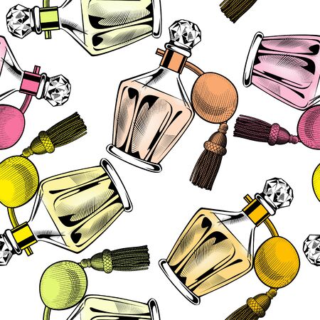 Perfumes on a white background. Seamless pattern. Vintage color engraving stylized drawing. Vector illustrationのイラスト素材