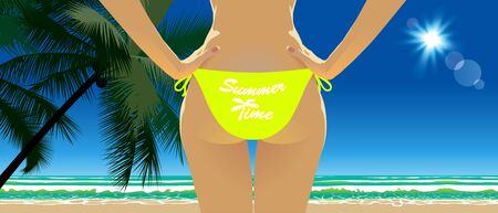 Summer vacation at the sea. Young woman relaxing on the beach. Vector image.のイラスト素材
