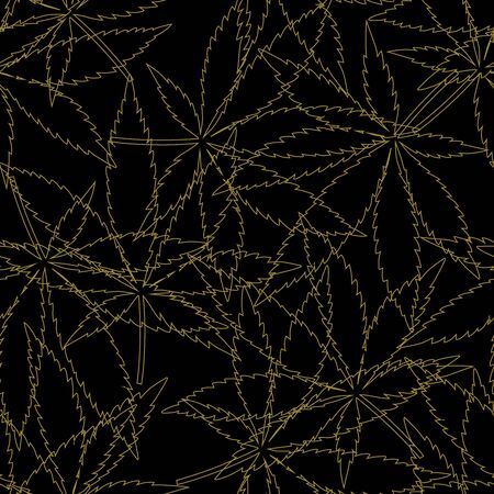 Cannabis or Marijuana leaves in gold. Hand drawn seamless pattern. Vector illustration.のイラスト素材