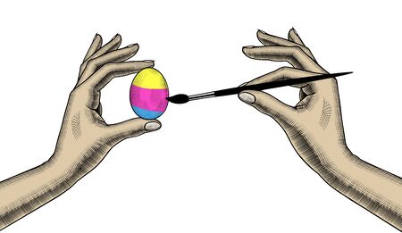 A woman coloring an egg for Easter. Vintage engraving stylized drawing. Vector illustrationのイラスト素材