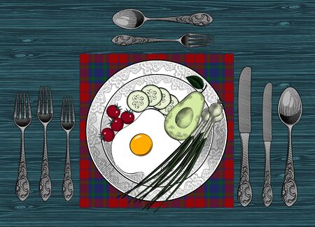 Healthy and delicious Breakfast. Favorite food. Scrambled eggs, half avocado, tomatoes, cucumbers, green onions. Vintage stylized drawing. Vector illustrationのイラスト素材