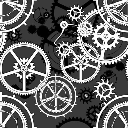 Seamless background with white gear wheels in the cut round hole on black. Circle with gears. Techno background. Vector Illustrationのイラスト素材