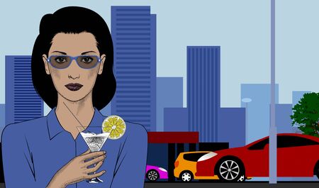A girl with a cocktail in her hands against the background of a modern city. Evening in the city, rush hour. Vector illustration.のイラスト素材