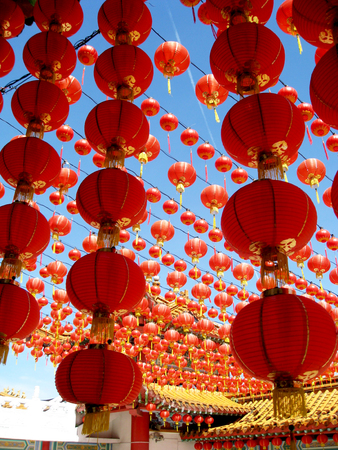Beautiful Red Colors of Chinese lantern from Malaysia for Background or Wallpaperの写真素材