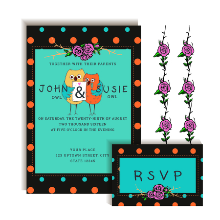 owl groom embraces the bride one wing and they're holding a sign saying best day ever invitation RSVP cardのイラスト素材