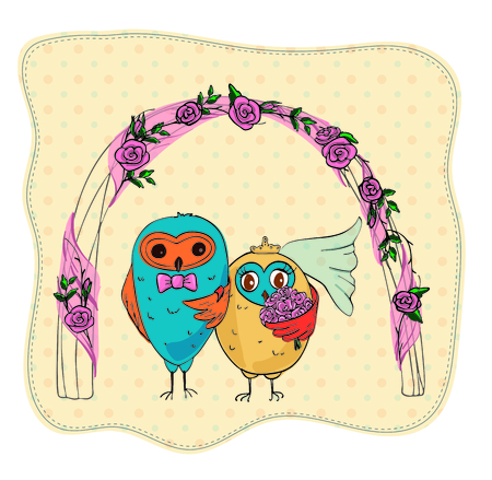 Two owl birds,dots pattern. Vector animal. for wedding invitation card, ticket, branding, logo, labelのイラスト素材